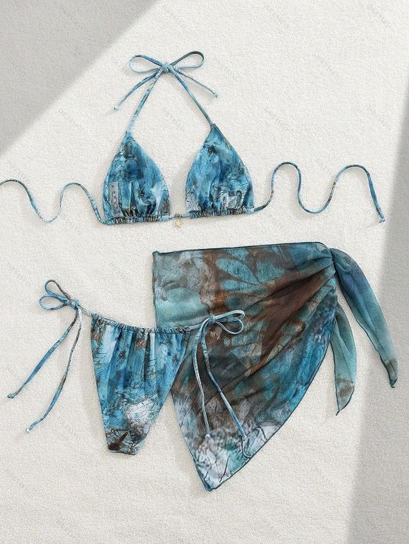 Hawaiian Vacation Couple Outfit Marble Print Tied Skirt Halter Bikini Swimsuit and Tie Dye Drawstring Shorts - Paon Bleu S | US 4