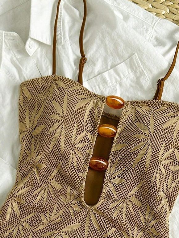 Hawaiian Vacation Couple Outfit Textured Leaf Print Cut Out One-piece Swimsuit and Zig Zag Hollow Out Shirt Set - marron foncé S | US 4