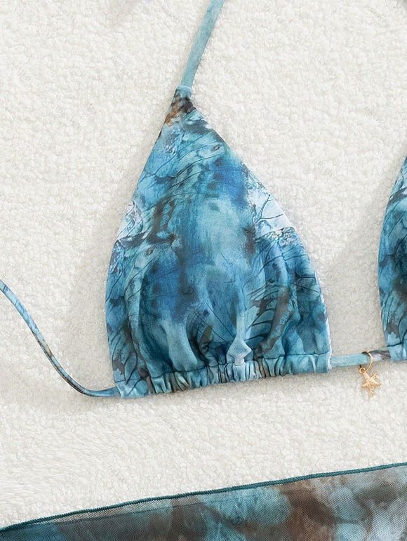 Hawaiian Vacation Couple Outfit Marble Print Tied Skirt Halter Bikini Swimsuit and Tie Dye Drawstring Shorts - Paon Bleu S | US 4