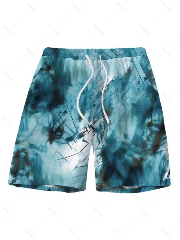 Hawaiian Vacation Couple Outfit Marble Print Tied Skirt Halter Bikini Swimsuit and Tie Dye Drawstring Shorts - Paon Bleu S | US 4