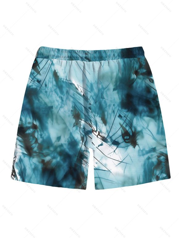 Hawaiian Vacation Couple Outfit Marble Print Tied Skirt Halter Bikini Swimsuit and Tie Dye Drawstring Shorts - Paon Bleu S | US 4