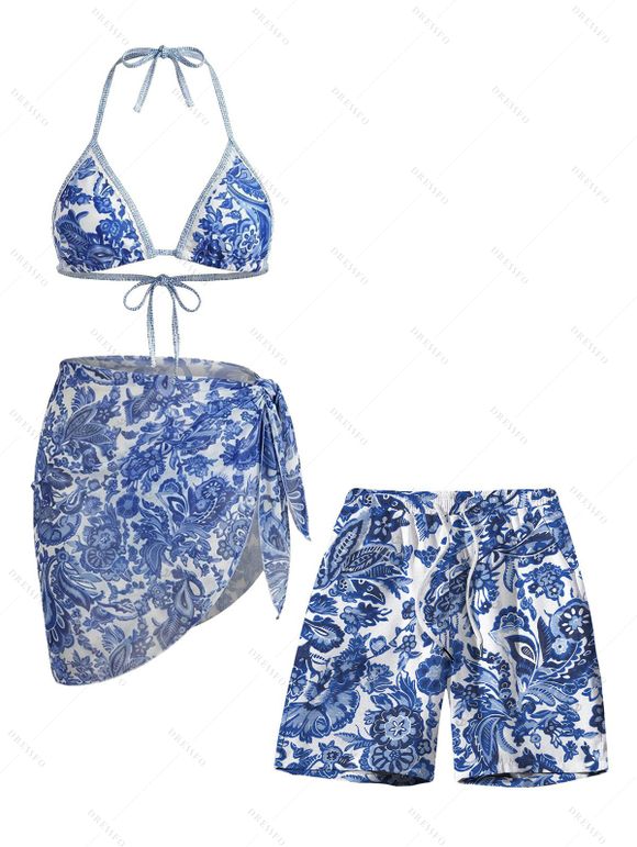 Hawaiian Couple Outfit Vintage Porcelain Floral Leaf Print Tied Skirt Halter Bikini Swimsuit and Drawstring Shorts Set - Bleu profond S | US 4