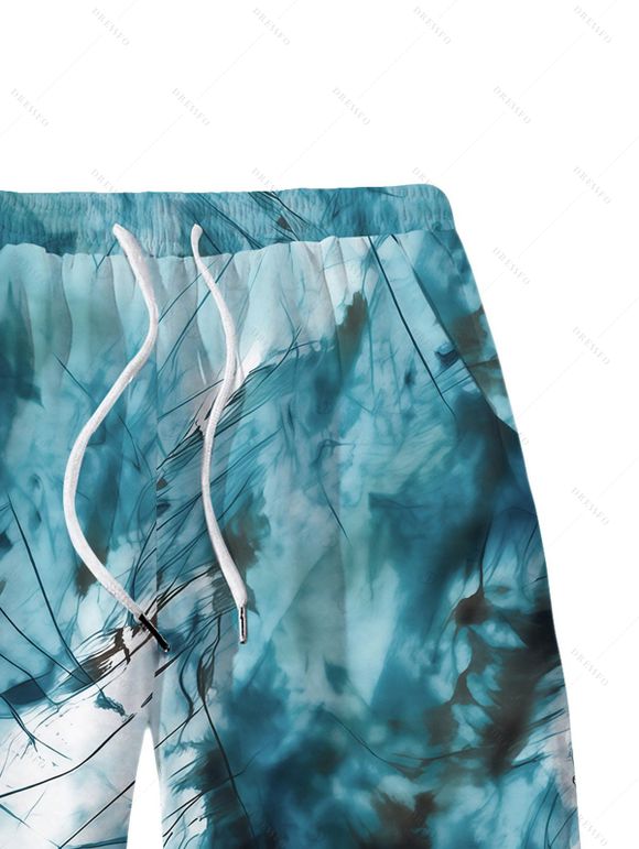 Hawaiian Vacation Couple Outfit Marble Print Tied Skirt Halter Bikini Swimsuit and Tie Dye Drawstring Shorts - Paon Bleu S | US 4