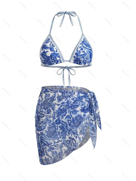 Hawaiian Couple Outfit Vintage Porcelain Floral Leaf Print Tied Skirt Halter Bikini Swimsuit and Drawstring Shorts Set - Bleu profond S | US 4