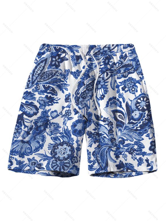 Hawaiian Couple Outfit Vintage Porcelain Floral Leaf Print Tied Skirt Halter Bikini Swimsuit and Drawstring Shorts Set - Bleu profond S | US 4