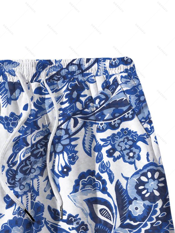 Hawaiian Couple Outfit Vintage Porcelain Floral Leaf Print Tied Skirt Halter Bikini Swimsuit and Drawstring Shorts Set - Bleu profond S | US 4