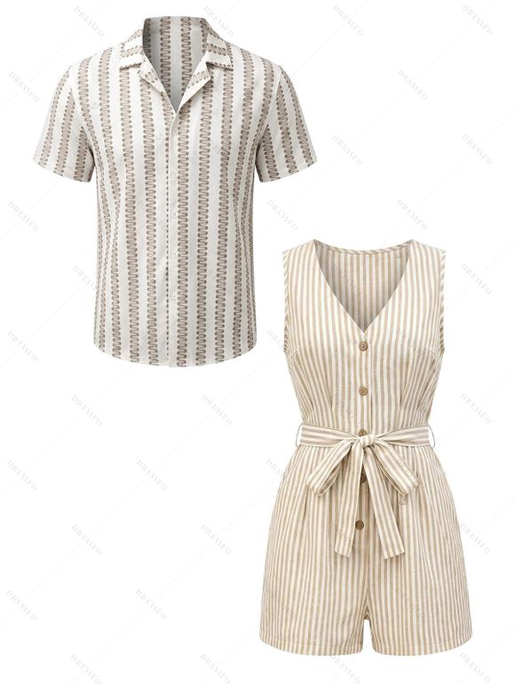 Casual Couple Outfit Striped Print V Neck Button Belt Romper and Textured Shirt Set - café lumière S | US 4