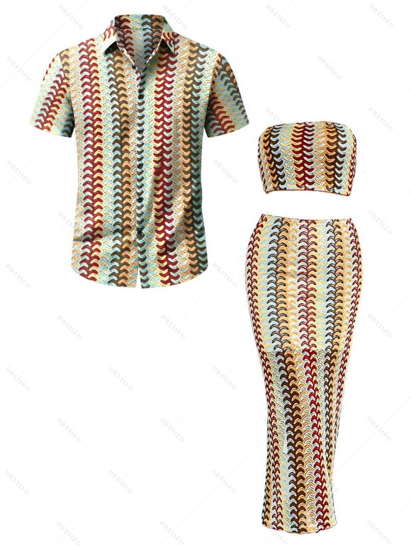 Bohemian Couple Outfit Colorblock Arrow Ethnic Print Off the Shoulder Top Bodycon Skirt and Shirt Set - multicolor S | US 4