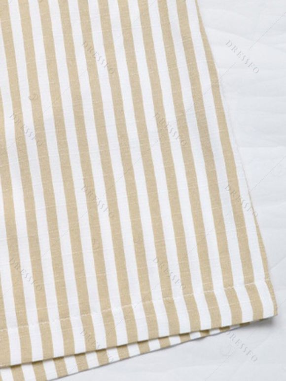 Casual Couple Outfit Striped Print V Neck Button Belt Romper and Textured Shirt Set - café lumière S | US 4