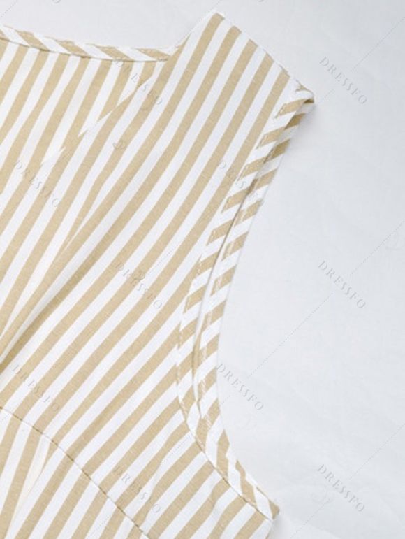 Casual Couple Outfit Striped Print V Neck Button Belt Romper and Textured Shirt Set - café lumière S | US 4