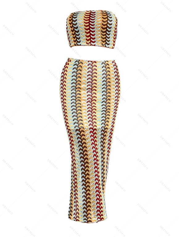 Bohemian Two Piece Set Colorblock Arrow Ethnic Print Off the Shoulder Cropped Top and Bodycon Skirt Set - multicolor XL | US 12