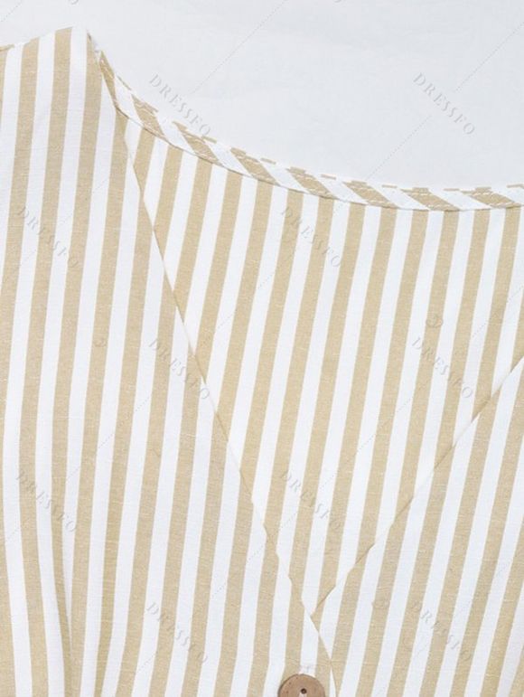 Casual Romper Striped Print V Neck Button Belt Romper - café lumière XL | US 12