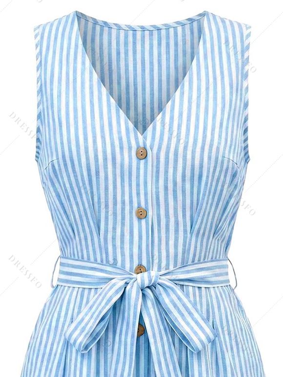 Casual Romper Striped Print V Neck Button Belt Romper - Bleu Ciel XL | US 12