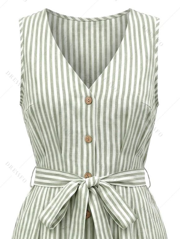 Casual Romper Striped Print V Neck Button Belt Romper - Vert XL | US 12