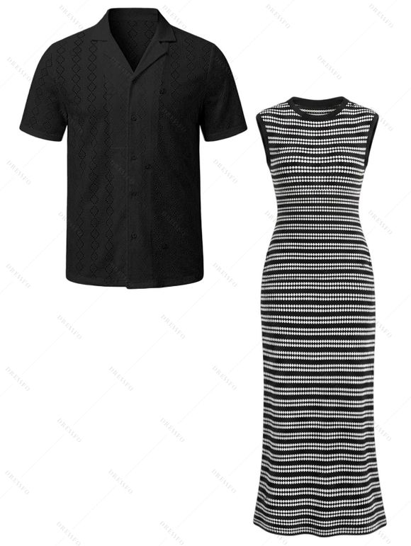 Vacation Couple Outfit Bodycon Dress Striped Print Cape Shoulder Maxi Dress and Hollow Out Shirt Set - Noir S | US 4