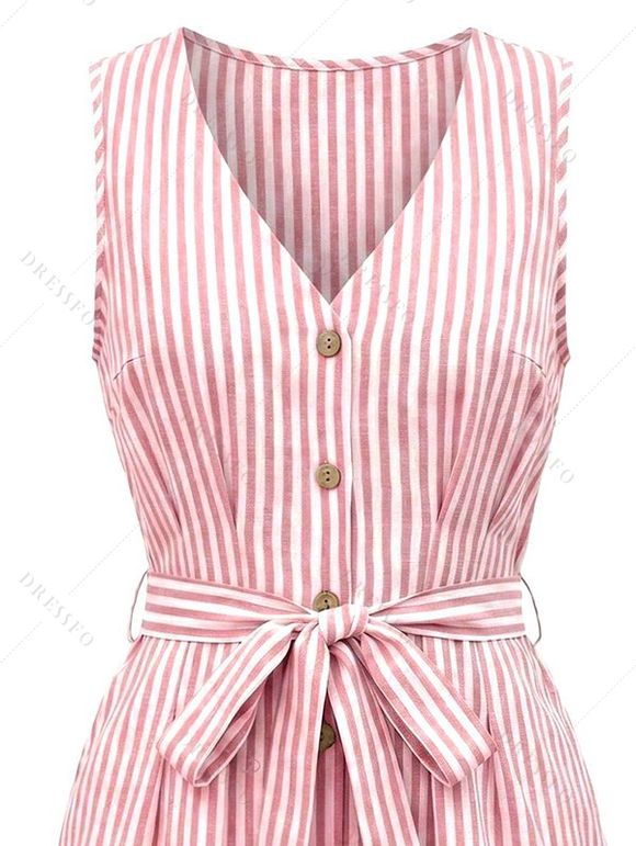 Casual Romper Striped Print V Neck Button Belt Romper - Rose XL | US 12