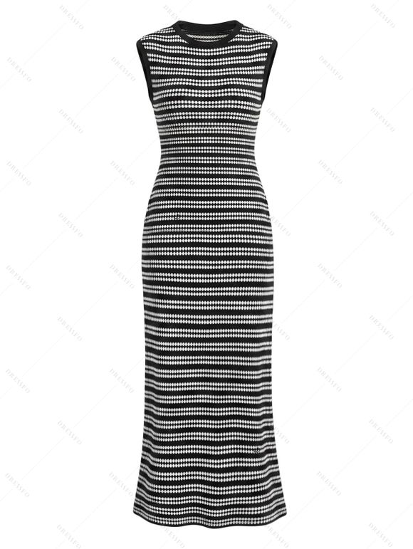 Vacation Couple Outfit Bodycon Dress Striped Print Cape Shoulder Maxi Dress and Hollow Out Shirt Set - Noir S | US 4