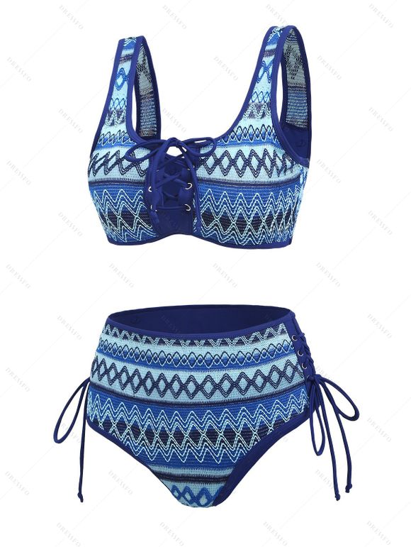 Vacation Tankini Swimsuit Zig Zag Print Lace Up Tummy Control High Waisted Briefs Beach Swimwear Set - Bleu Marine XXL | US 14