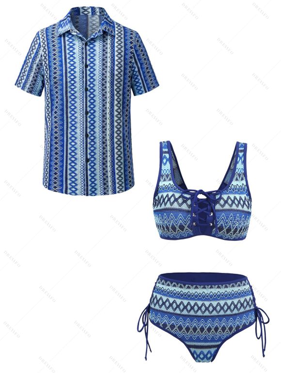 Vacation Bohemian Couple Outfit Ethnic Style Zig Zag Striped Print Lace Up Swimsuit and Shirt Set - Bleu Marine S | US 4