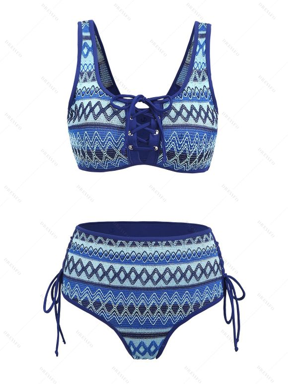 Vacation Bohemian Couple Outfit Ethnic Style Zig Zag Striped Print Lace Up Swimsuit and Shirt Set - Bleu Marine S | US 4