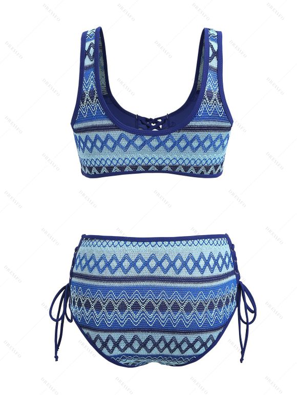 Vacation Bohemian Couple Outfit Ethnic Style Zig Zag Striped Print Lace Up Swimsuit and Shirt Set - Bleu Marine S | US 4