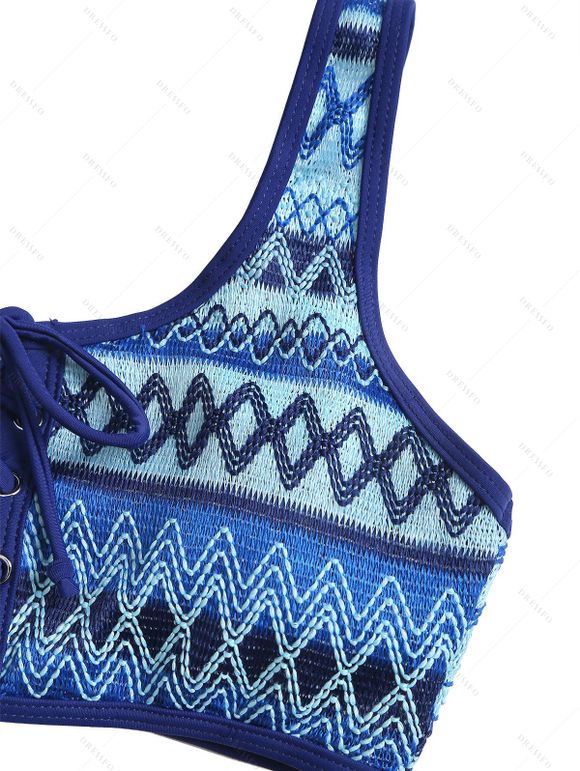 Vacation Bohemian Couple Outfit Ethnic Style Zig Zag Striped Print Lace Up Swimsuit and Shirt Set - Bleu Marine S | US 4