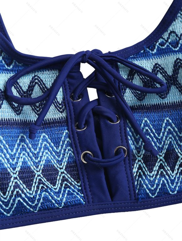 Vacation Bohemian Couple Outfit Ethnic Style Zig Zag Striped Print Lace Up Swimsuit and Shirt Set - Bleu Marine S | US 4