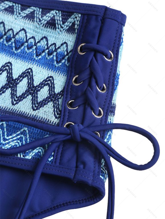 Vacation Bohemian Couple Outfit Ethnic Style Zig Zag Striped Print Lace Up Swimsuit and Shirt Set - Bleu Marine S | US 4