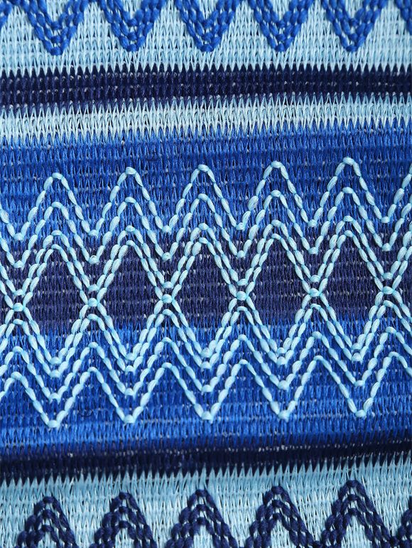 Vacation Bohemian Couple Outfit Ethnic Style Zig Zag Striped Print Lace Up Swimsuit and Shirt Set - Bleu Marine S | US 4