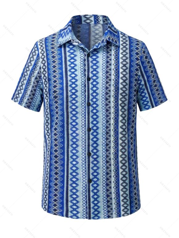 Vacation Bohemian Couple Outfit Ethnic Style Zig Zag Striped Print Lace Up Swimsuit and Shirt Set - Bleu Marine S | US 4