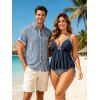 Vacation Couple Outfit Colorblock Ruffle Bowknot Textured Tied Tankini Swimsuit Striped Print Shirt Set - NAVY BLUE S | US 4