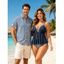 Vacation Couple Outfit Colorblock Ruffle Bowknot Textured Tied Tankini Swimsuit Striped Print Shirt Set - NAVY BLUE S | US 4