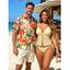 Hawaiian Couple Outfit Solid Color Lace Ruffle Tied High Cut Tankini Swimsuit and Colorblock Floral Leaf Print Shirt Set - LIGHT YELLOW S | US 4