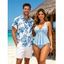 Hawaiian Couple Outfit Solid Color Jacquard Lace Tied Halter Swimsuit and Lily Floral Shell Print Shirt Set - POWDER BLUE S | US 4