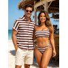 Vintage Couple Outfit Striped Print Ring Strap High Cut Briefs Tankini Swimsuit and Shirt Set - DEEP BROWN S | US 4