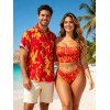 Vacation Couple Outfit Colorblock Flame Print Cinched Dual Strap Tankini Swimsuit and Shirt Set - ORANGE S | US 4