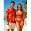 Vacation Couple Outfit Colorblock Flame Print Cinched Dual Strap Tankini Swimsuit and Shirt Set - ORANGE S | US 4