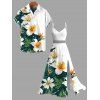 Hawaiian Vacation Couple Outfit Tropical Hibiscus Floral Leaf Print Lace Hollow Out Slit Dress and Shirt Set - Émeraude S | US 4