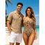 Hawaiian Vacation Couple Outfit Textured Leaf Print Cut Out One-piece Swimsuit and Zig Zag Hollow Out Shirt Set - marron foncé S | US 4