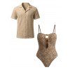 Hawaiian Vacation Couple Outfit Textured Leaf Print Cut Out One-piece Swimsuit and Zig Zag Hollow Out Shirt Set - marron foncé S | US 4