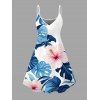 Hawaiian Vacation Couple Outfit Hibiscus Floral Monstera Leaf Print Spaghetti Strap Dress and Shirt Set - Bleu Ciel S | US 4
