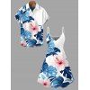 Hawaiian Vacation Couple Outfit Hibiscus Floral Monstera Leaf Print Spaghetti Strap Dress and Shirt Set - Bleu Ciel S | US 4
