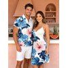 Hawaiian Vacation Couple Outfit Hibiscus Floral Monstera Leaf Print Spaghetti Strap Dress and Shirt Set - Bleu Ciel S | US 4