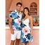 Hawaiian Vacation Couple Outfit Hibiscus Floral Monstera Leaf Print Spaghetti Strap Dress and Shirt Set - Bleu Ciel S | US 4