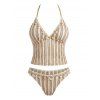Hawaiian Vacation Couple Outfit Striped Print Textured Shell Decor Halter Tankini Swimsuit and Hollow Out Shirt Set - café lumière S | US 4