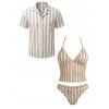 Hawaiian Vacation Couple Outfit Striped Print Textured Shell Decor Halter Tankini Swimsuit and Hollow Out Shirt Set - café lumière S | US 4