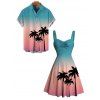 Hawaiian Couple Outfit Ombre Coconut Tree Print Ruched Bust Mini Dress and Shirt Vacation Set - multicolor S | US 4