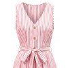 Casual Romper Striped Print V Neck Button Belt Romper - Rose S | US 4