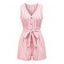 Casual Romper Striped Print V Neck Button Belt Romper - Rose S | US 4