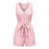 Casual Romper Striped Print V Neck Button Belt Romper - Rose M | US 6